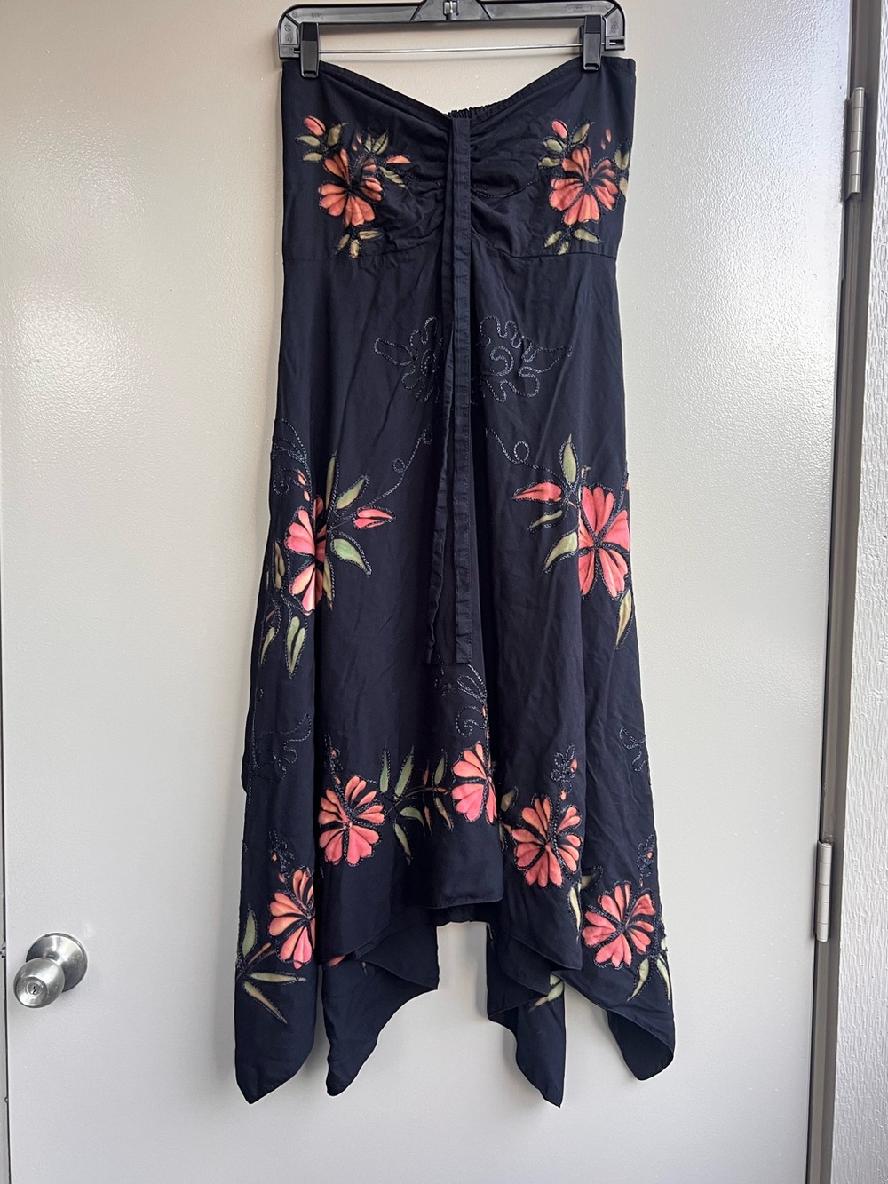 Vintage Y2K Strapless Floral Hanky Hem Maxi Dress OS Boho Cottagecore Embroidery - Picture 3 of 10